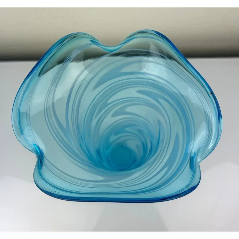 Blown Glass Art Fluted Aqua Blue & White Swirled Vase Home Decor 11.25